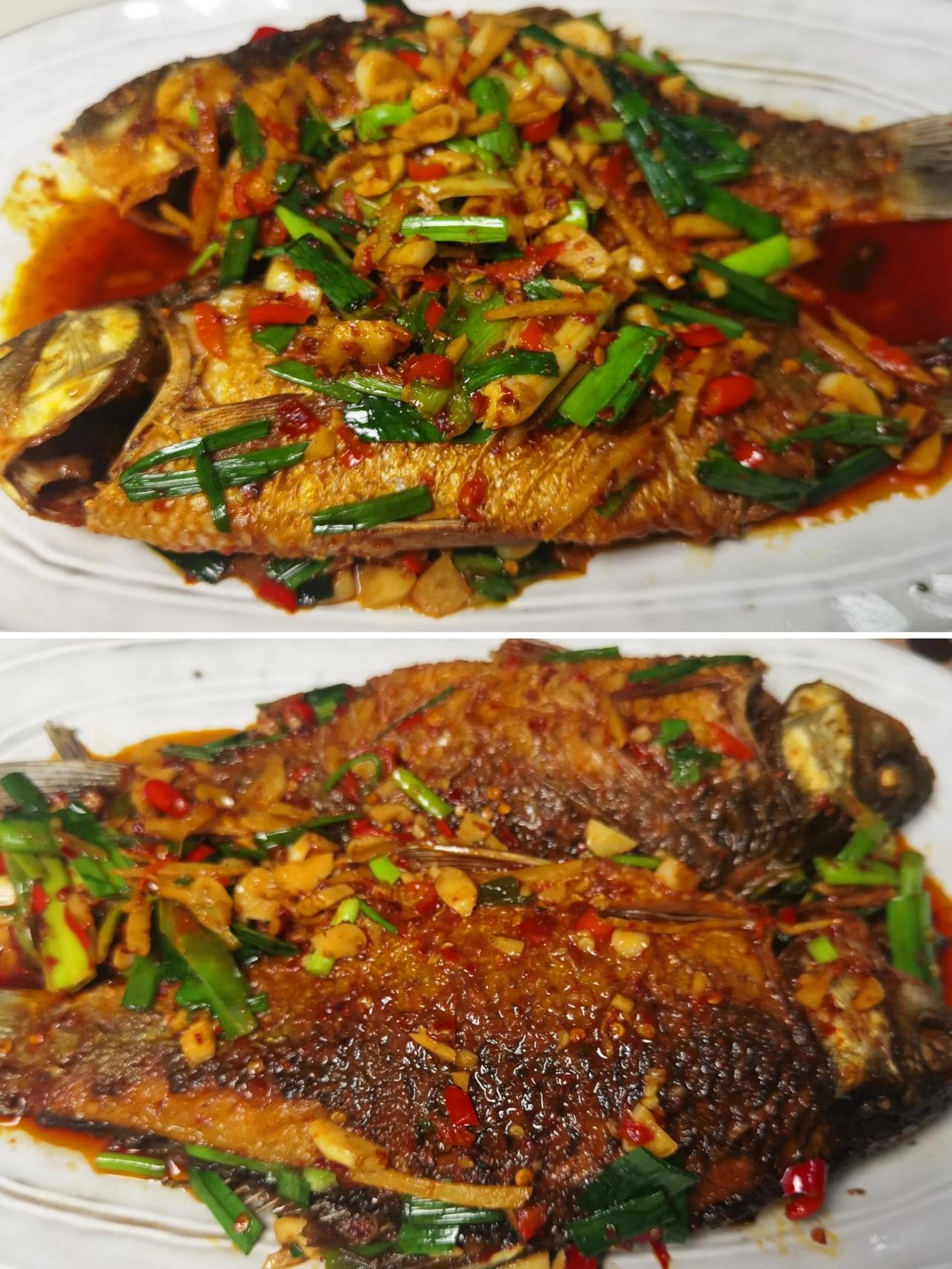 干烧鲫鱼，绝了！以后鱼我就这么吃
食材：鲫鱼、生姜、大蒜、小米辣、大蒜苗、小葱

