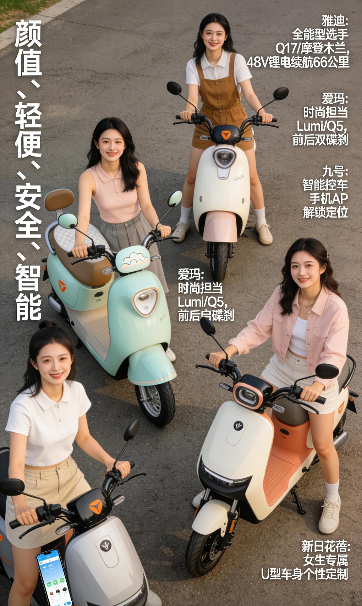 雅迪：全能型选手，Q17、摩登木兰等车型圆润可爱，配色清新，小个子女生也能轻松驾