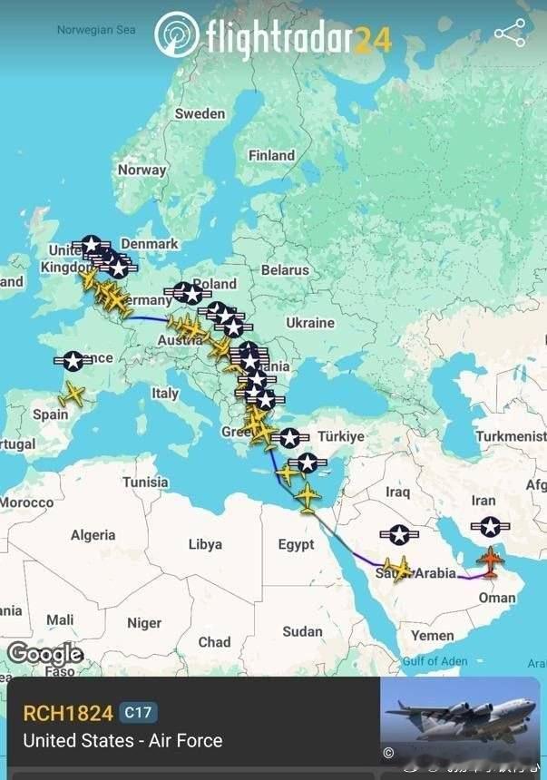 Flight Radar 24显示有大量C-17涌入中东美军基地。既是一种威胁姿