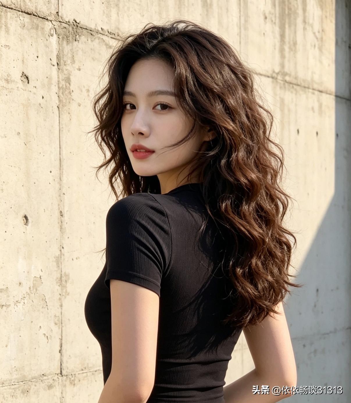 清晨阳光洒在墙上面，美女小姐姐穿一件简单黑色短T恤，配上白色健身裤，清爽耐看，氛