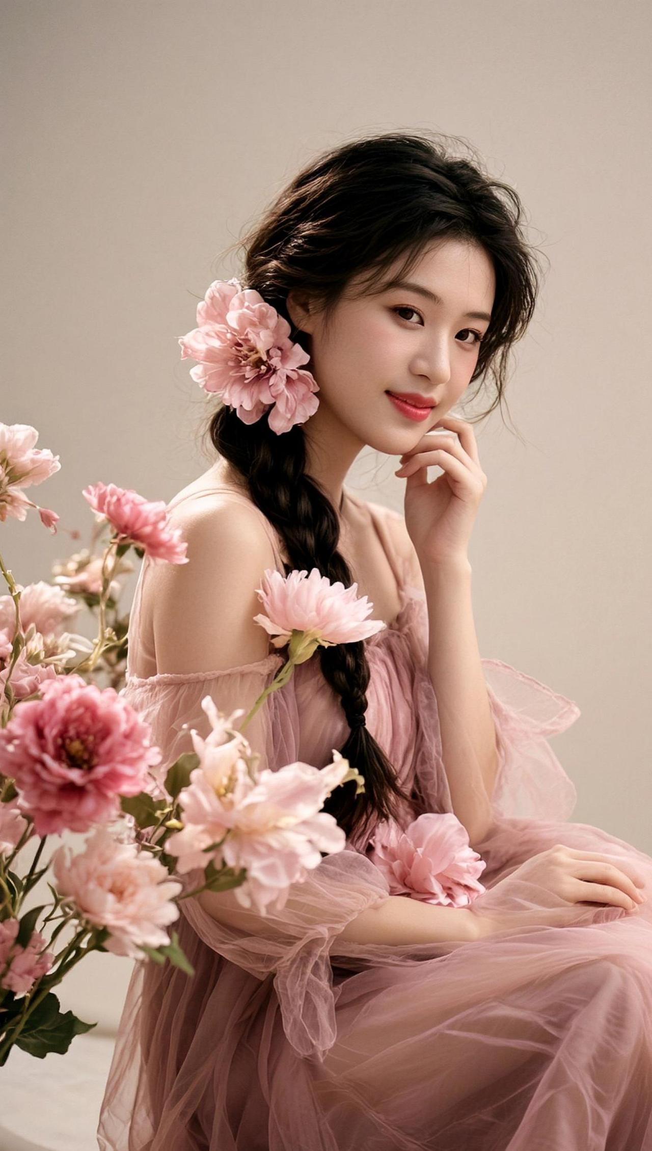 这花海里是不是藏了个“仙女下凡”的剧本？我猜她正准备对镜头说：“别拍了，再拍花都