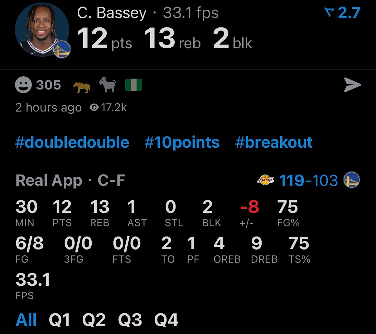 勇士最近这几场打得最好的是贝西这哥们，又是两双。 