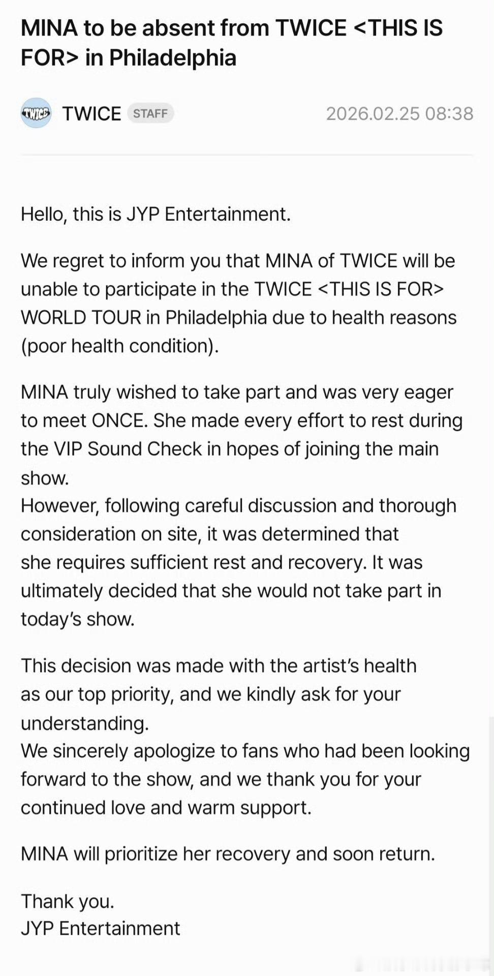 Mina因健康原因不参加巡演这个强度我真的心疼了…Mina因健康原因无法参加巡演