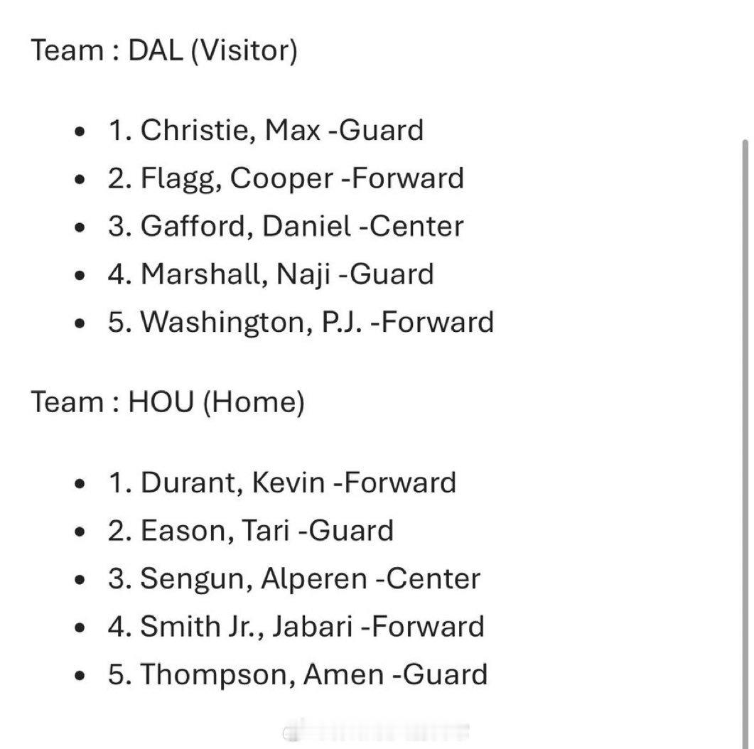 又用回伊森首发！今日火箭首发：阿门、伊森、杜兰特、小贾、申京独行侠首发：马绍尔、