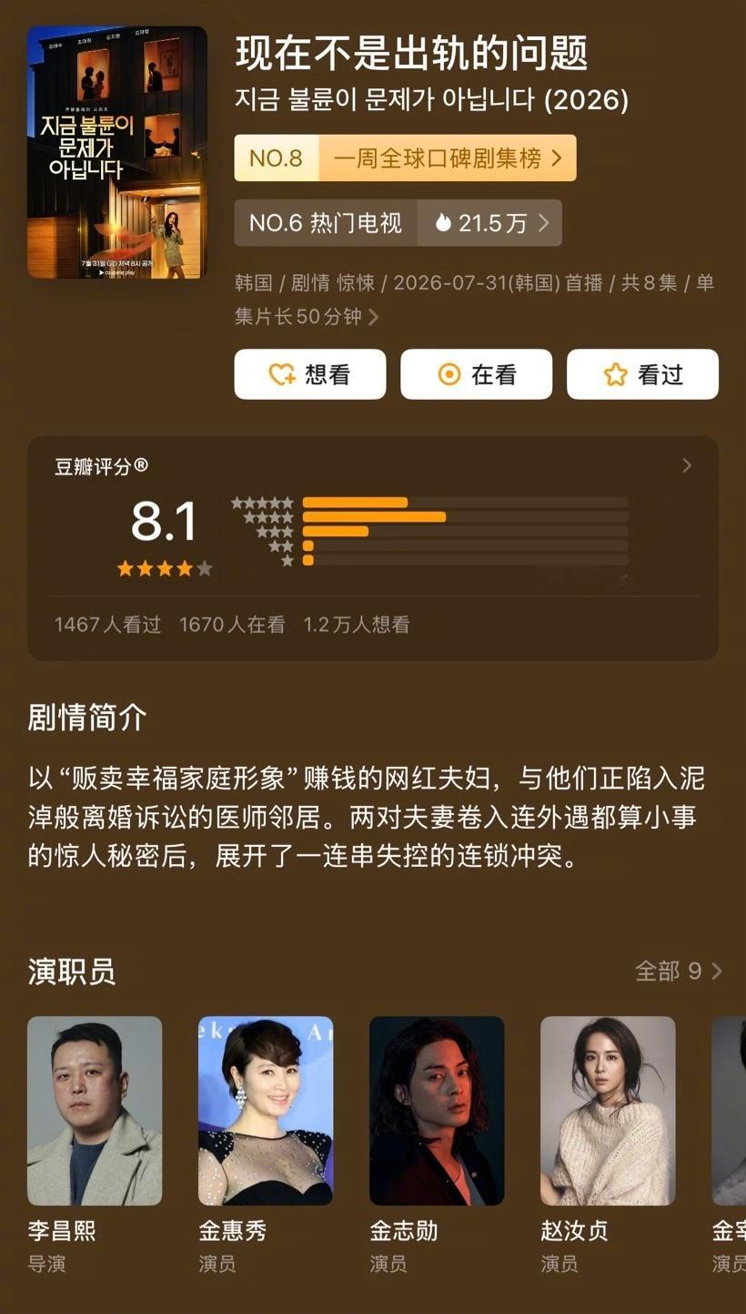 今年又出现了一部高分韩剧，豆瓣8.1分的《现在不是出轨的问题》，看剧情简介，感觉