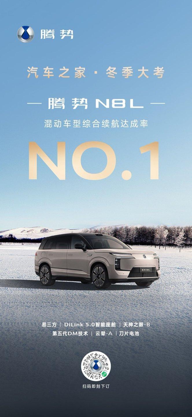 在气温-20°C左右的测试场景下，腾势N8L以59.3%的续航达成率，拿下了汽车