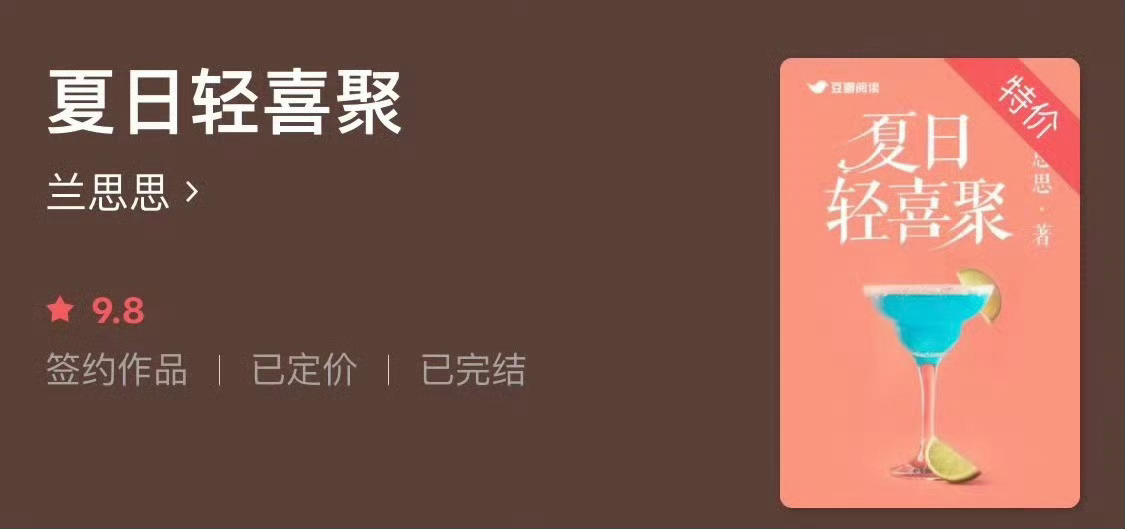 小说推荐：《夏日轻喜聚》 作者:兰思思简评：敢爱敢恨女主vs成熟稳重男主，因缘邂