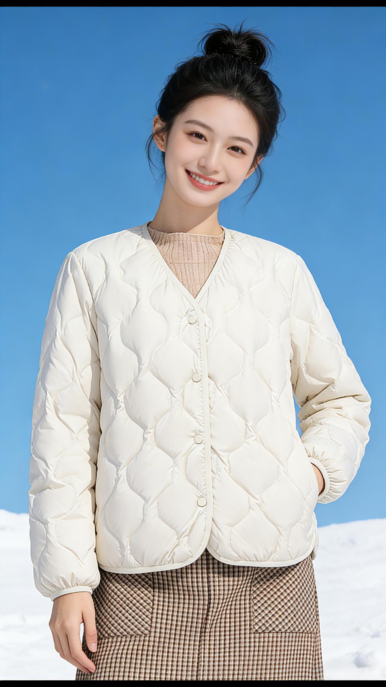 雪屿绒光
 
雪线之上，蓝天把世界洗得透亮。她站在漫山素白里，米白与浅卡其的菱格