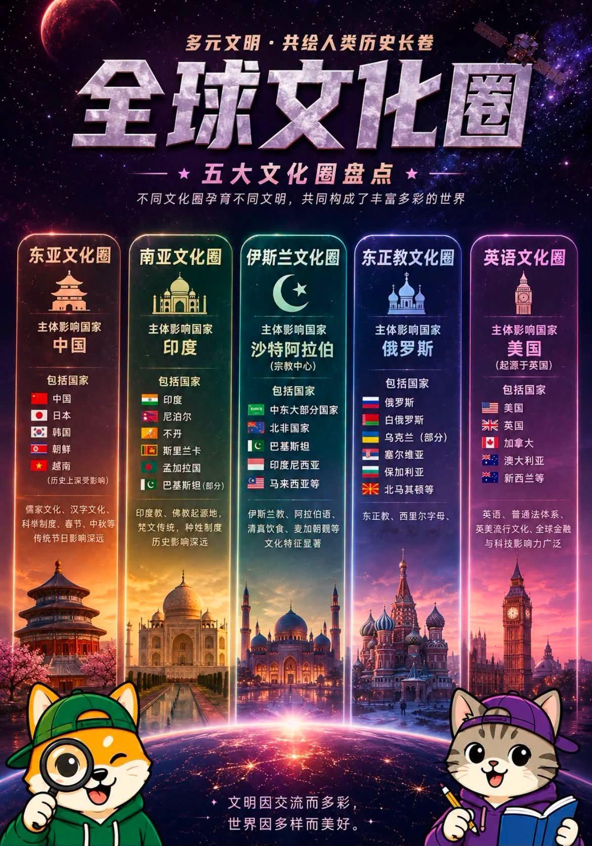 洞见
全球五大文化圈
如果把世界看成一幅巨大的拼图，那么不同的文化圈，就是构成这