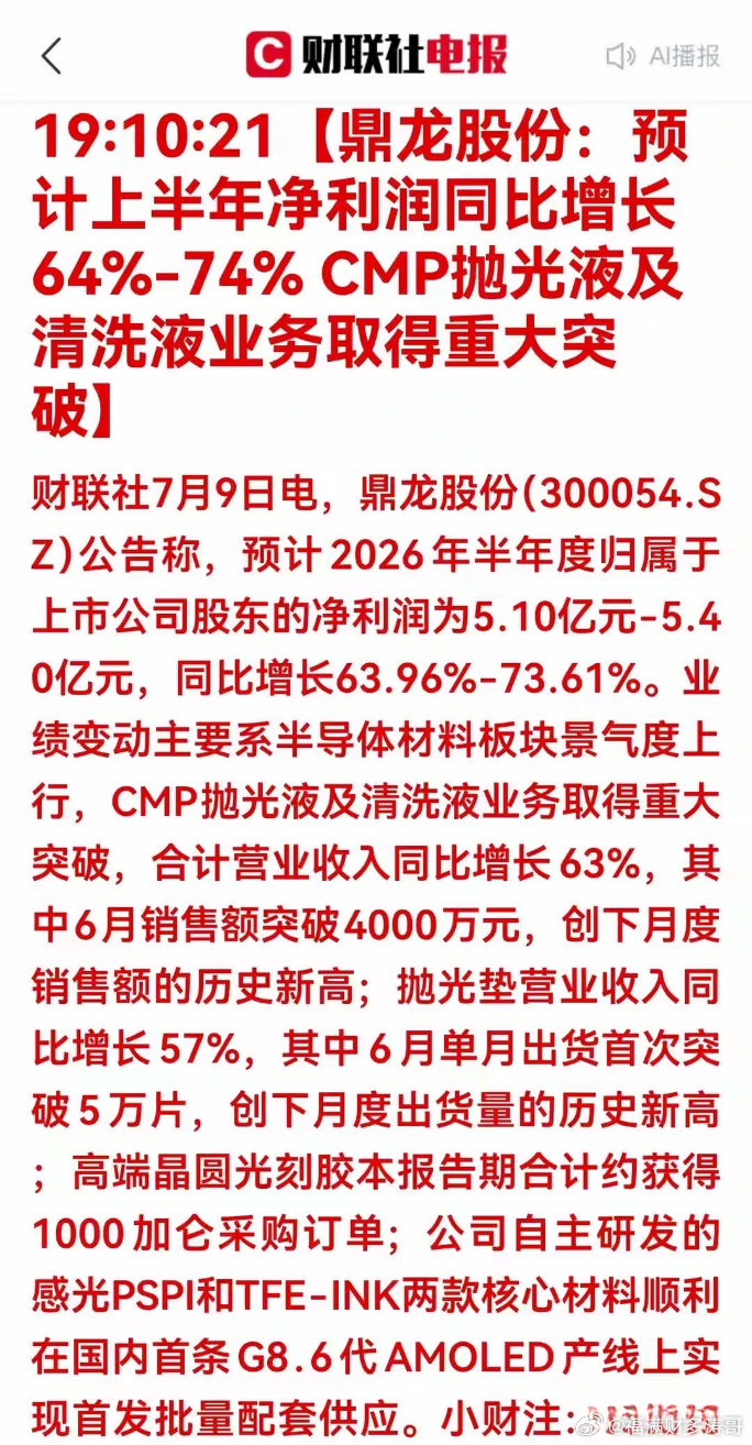 重磅利好！中报业绩大爆发！半导体材料国产突破进入高速放量周期7月9日晚间，鼎龙股
