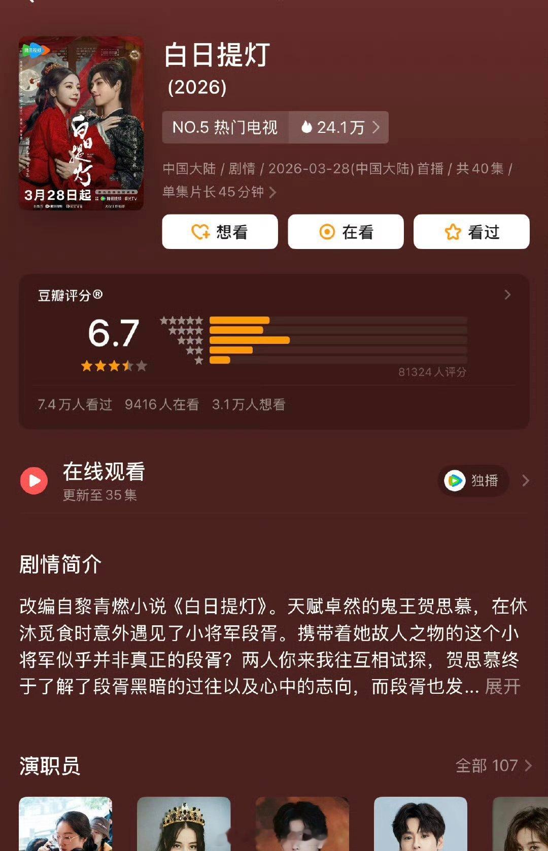 迪丽热巴陈飞宇《白日提灯》豆瓣开分6.7分，8万➕人评分，高了低了？ 