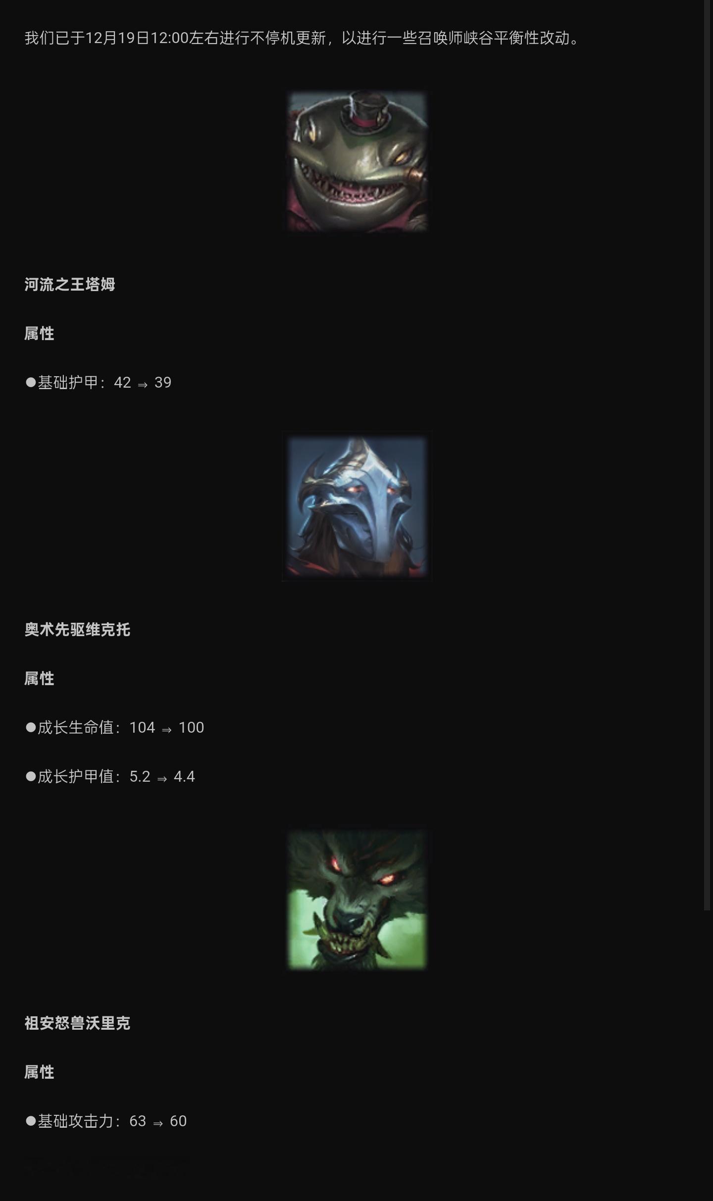 昨天发布的维克托，塔姆和沃里克改动已经热补丁更新至正式服云顶之弈的热补丁改动也已