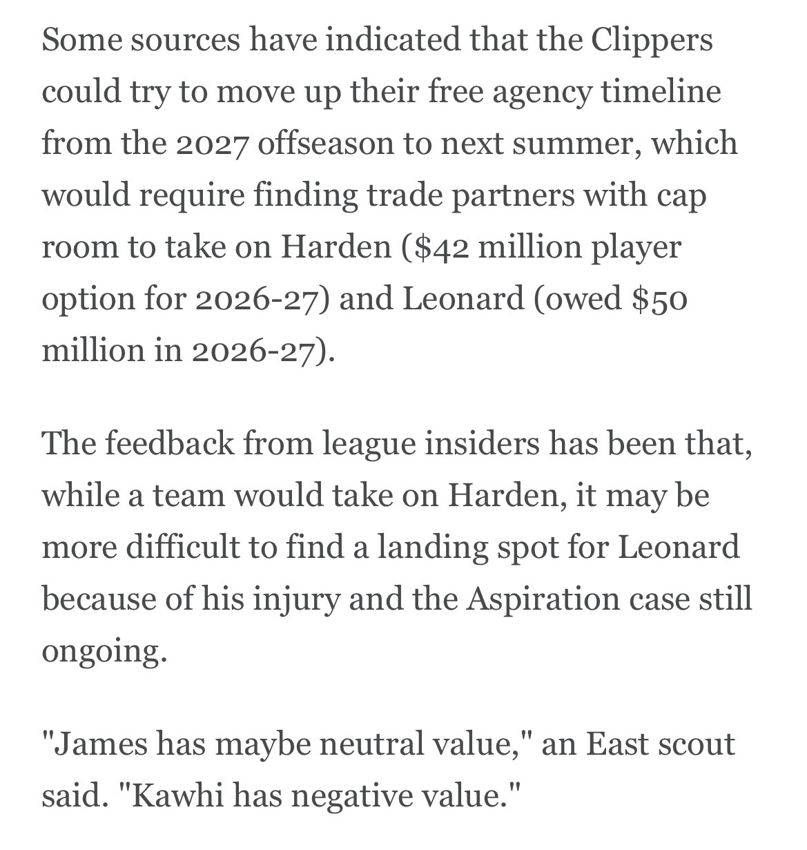 ESPN记者Tim Bontemps：虽然有球队愿意接手哈登，但是要为伦纳德找下