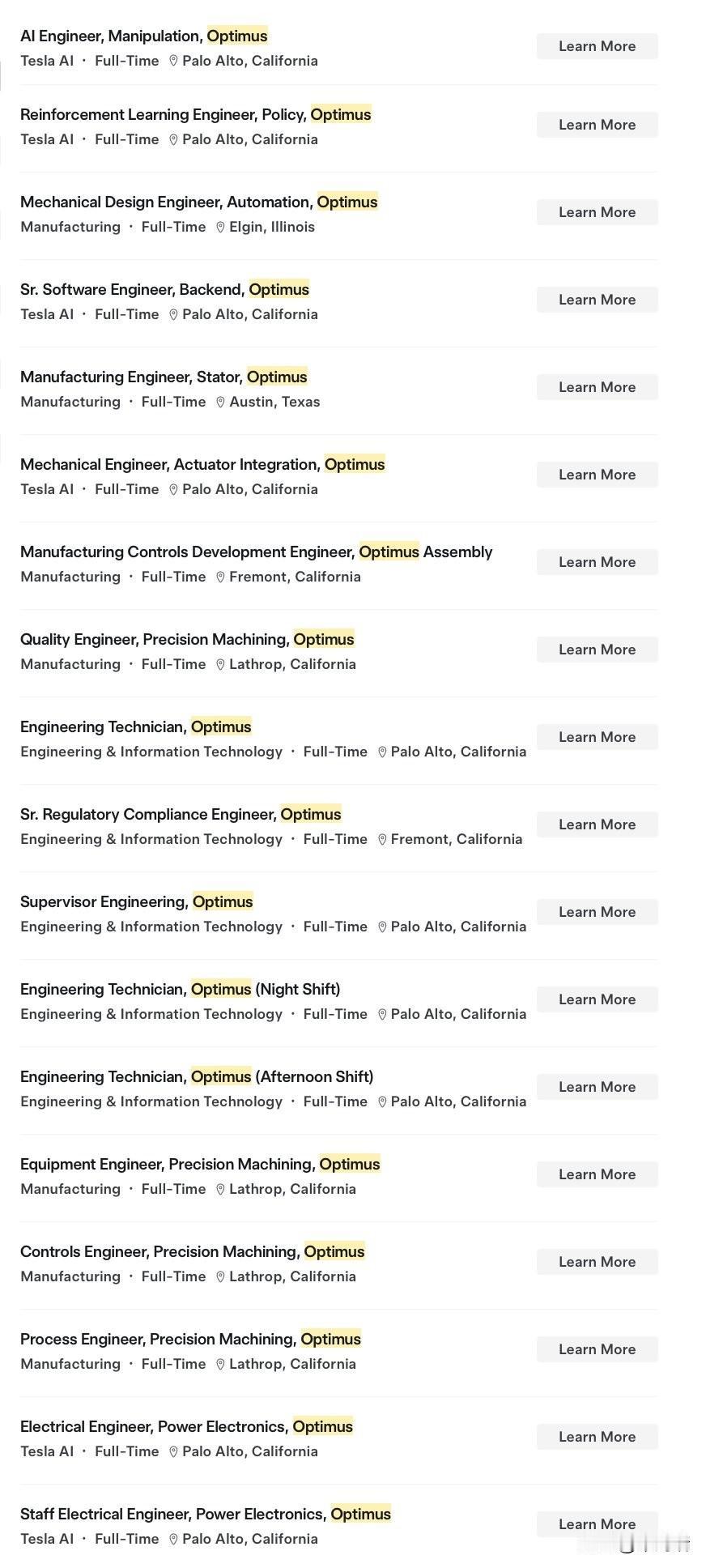 特斯拉新闻：特斯拉目前有 110 个与 Optimus 机器人项目相关的职位空缺
