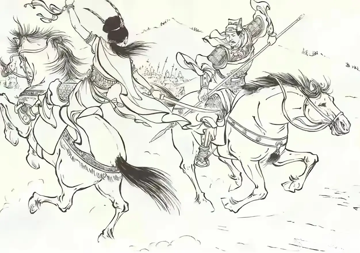 杨文广连挑四将，将要带马回营，突然间辽军中冲出一员女将，头戴亮银盔，身...
