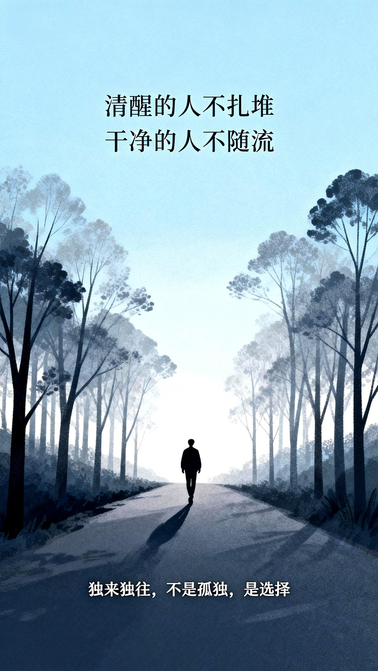 清醒的人不扎堆，
干净的人不随流。
独来独往，不是孤独，是选择。

不爱凑热闹，