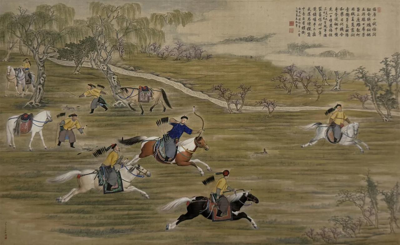 名画欣赏：清 郎世宁《弘历射猎图》
纵115厘米 横181.4厘米 故宫博物院藏