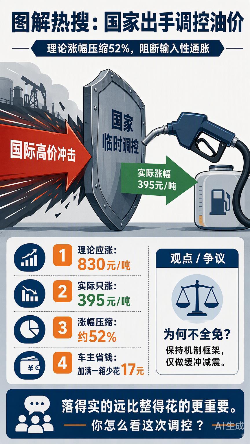 这次油价调控，把原本按机制该涨的800多块压到了395块，涨幅直接砍半。很多人盯