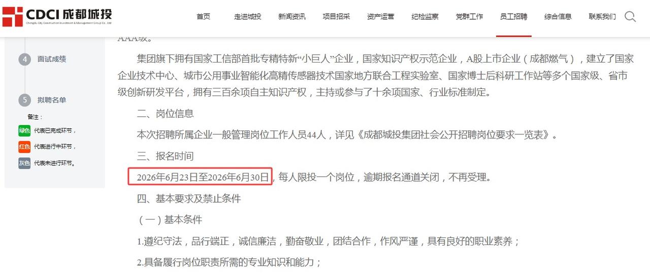成都国企44个岗位等你来！
近日，成都城投集团2026年6月面向社会公开招聘所属