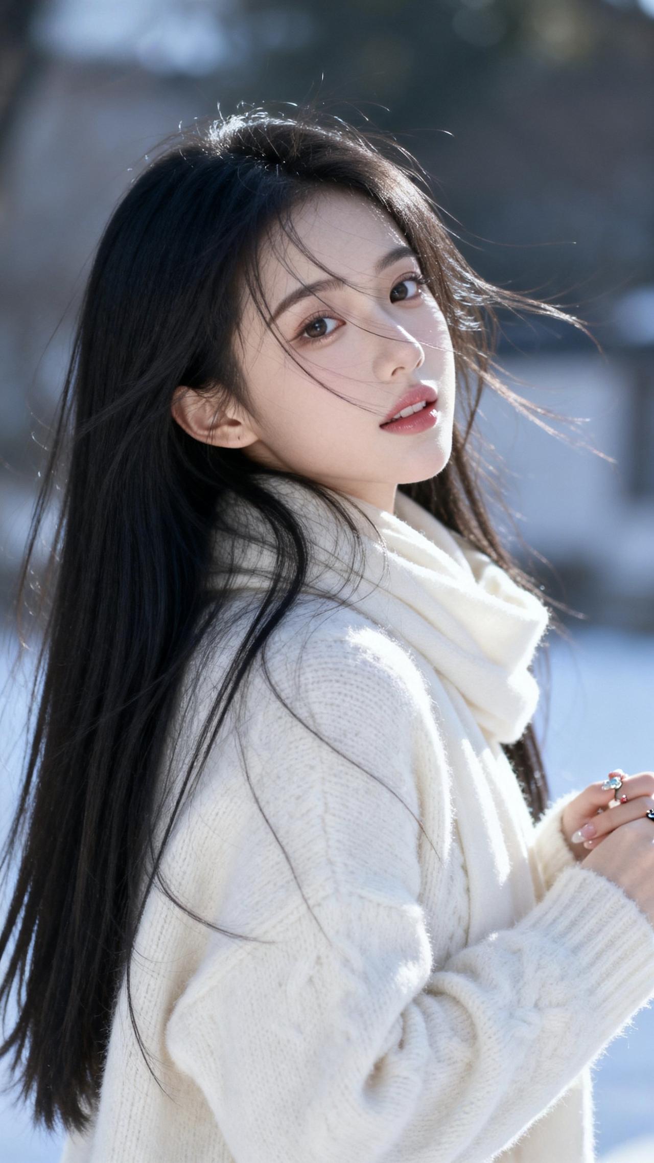 冬日暖阳下的温柔少女，暖意融融的白色毛衣，让人心动不已。