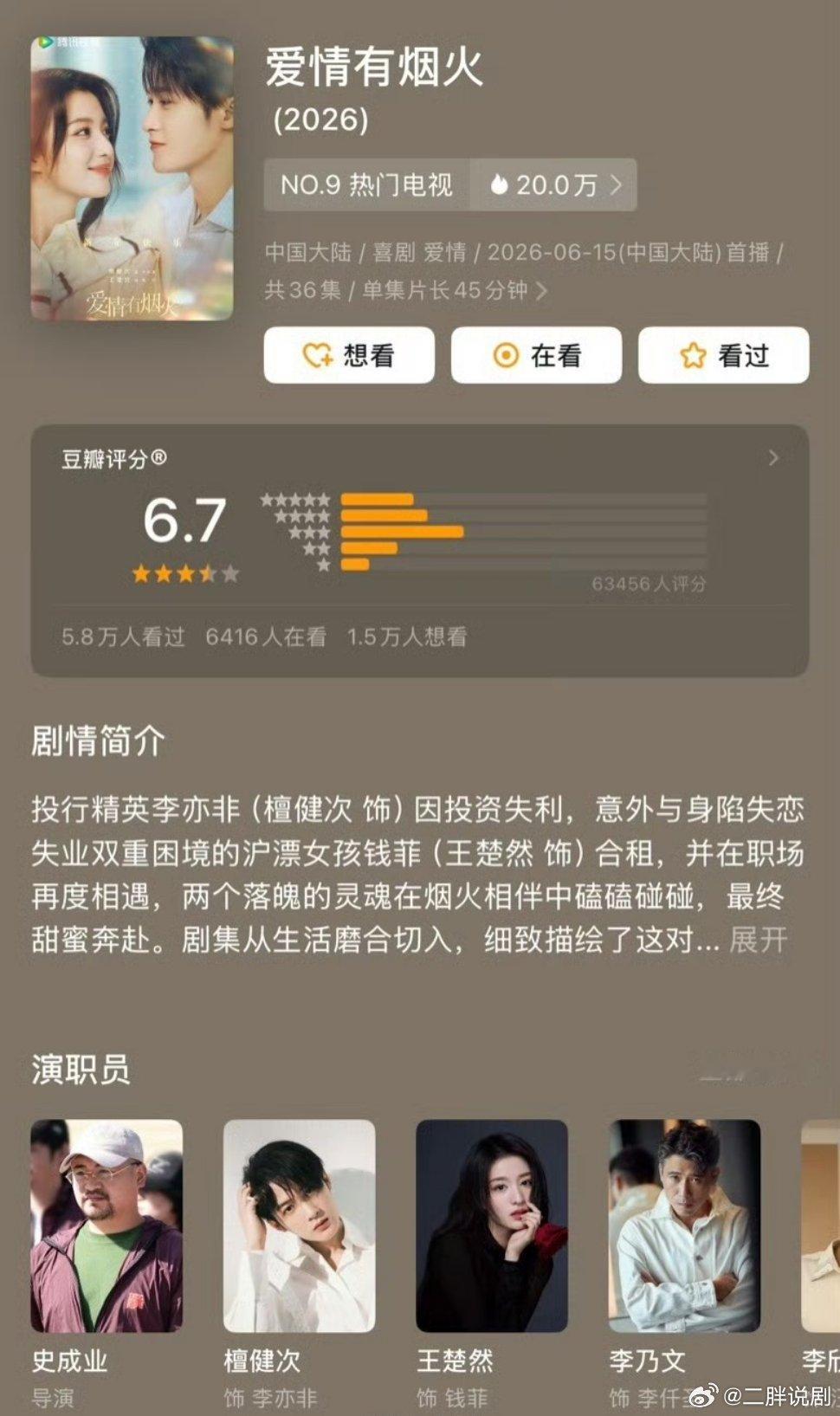 【二胖发布】爱情有烟火豆瓣开分6.7分 檀健次、王楚然主演的《爱情有烟火》豆瓣开
