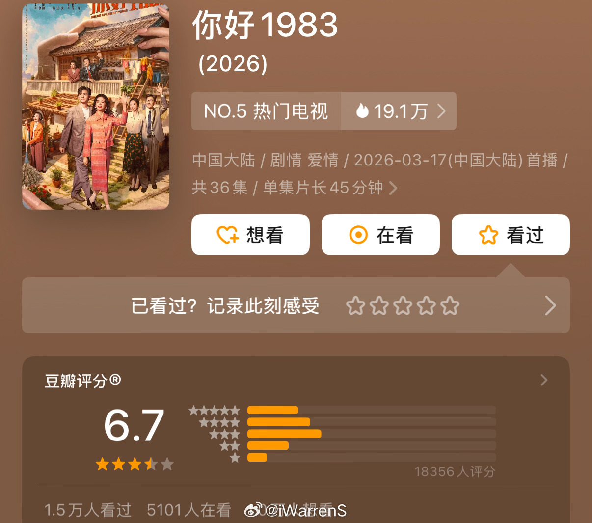 周也领衔主演你好1983豆瓣开分6.7分，你们觉得这部剧的评分高了还是低了呢？