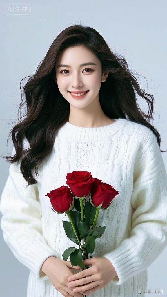 温柔微笑，手捧玫瑰，冬日里的暖阳