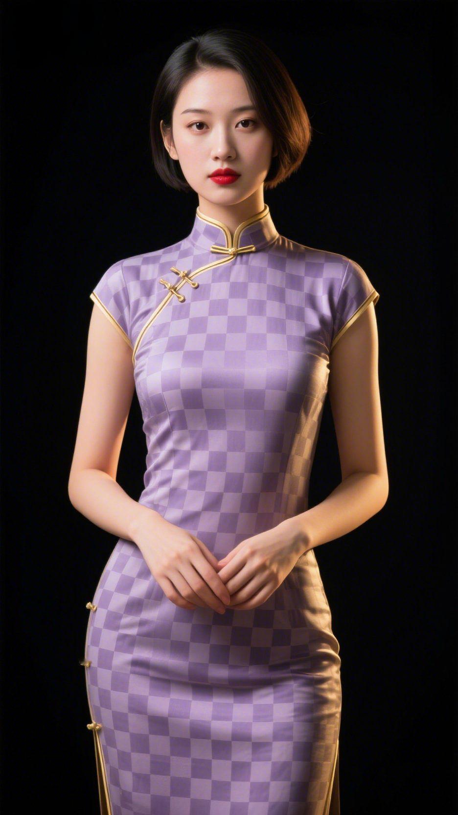 紫襟金扣的静光
 
暗夜里的光，裹着淡紫格纹的柔。旗袍领沿的金扣像落了星子，衬得