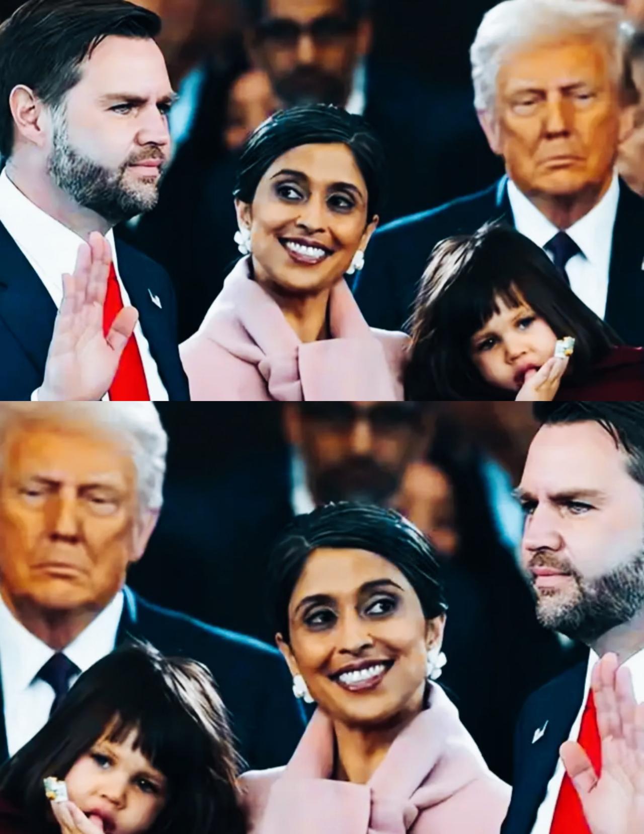 特朗普望着万斯一家，这表情是什么意思呢？
此时特朗普站在一旁，一脸这么有特点的表