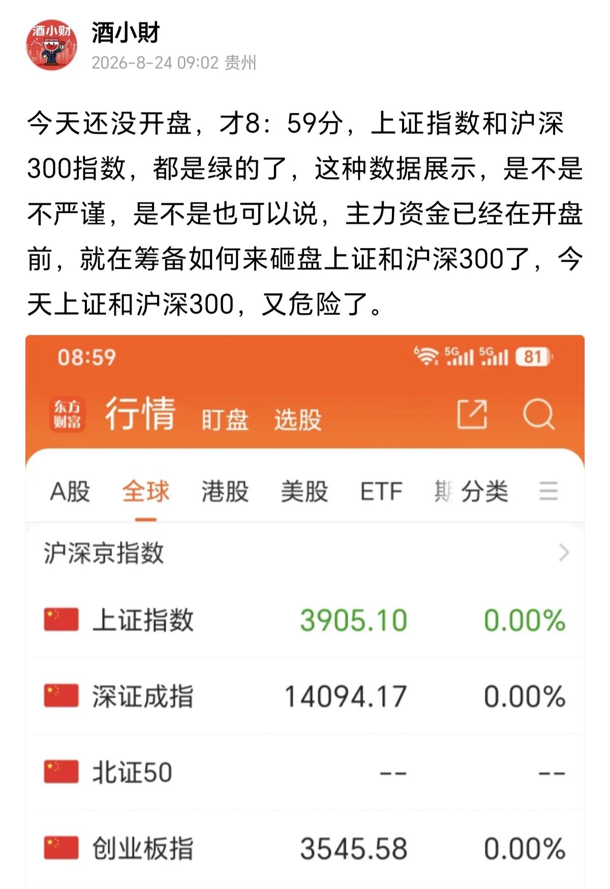 今天还没开盘，就觉得A股不对，怎么还没开盘，上证就绿了，心里总感觉会被砸盘，所以
