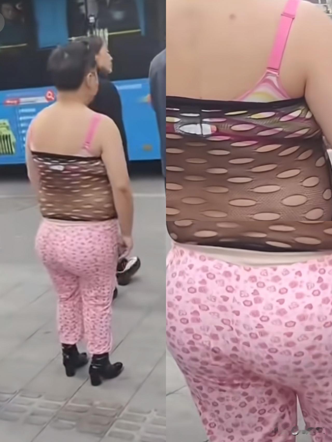 惊呆了，这又是巴黎世家的哪一款？

黑色高跟靴，粉红色的小碎花紧身裤搭配黑丝网眼