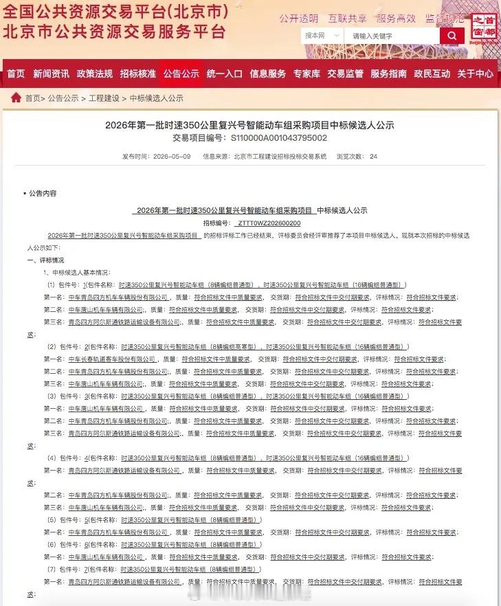 国铁播报【2026年第一批时速350公里复兴号中标结果发布】近日，2026年第一