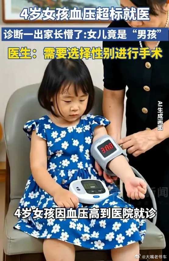 家长懵了：女儿竟是“男孩”4岁女孩高血压就诊发现竟是男孩安徽一4岁女孩因血压高到