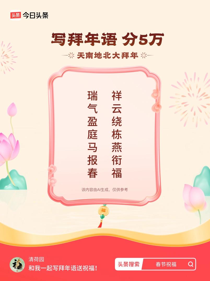 写拜年语送祝福新春拜年送祝福！我的祝福是：“瑞气盈庭马报春，祥云绕栋燕衔福”！快