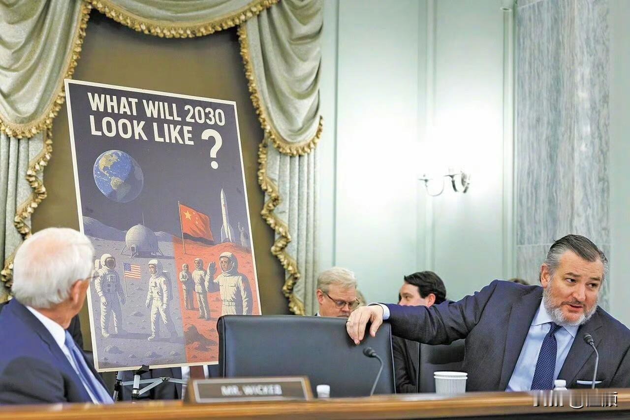 一张题为“2030年会是什么样子？”的海报出现在美国国会听证会，画面左侧是美国宇