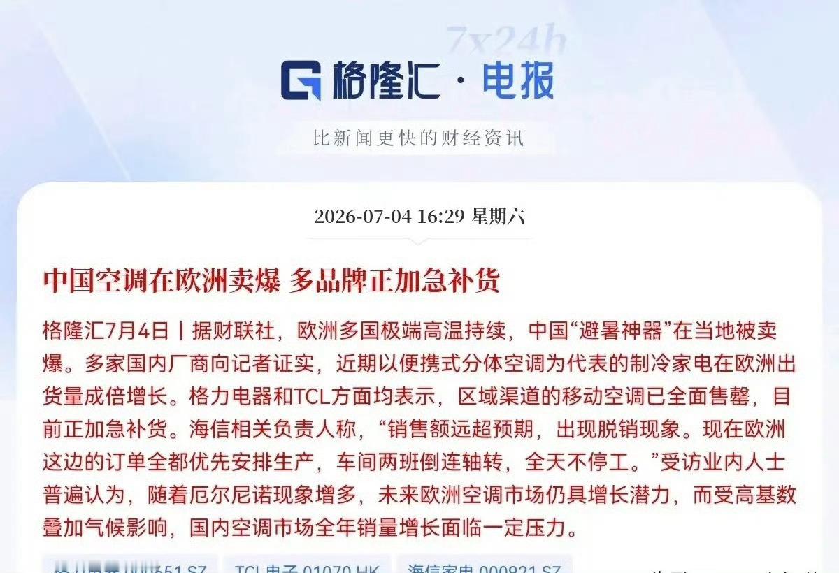 空调板块迎来大利好！直接卖断货了！就在刚刚过去的这周，中国空调在海外卖爆了下午4