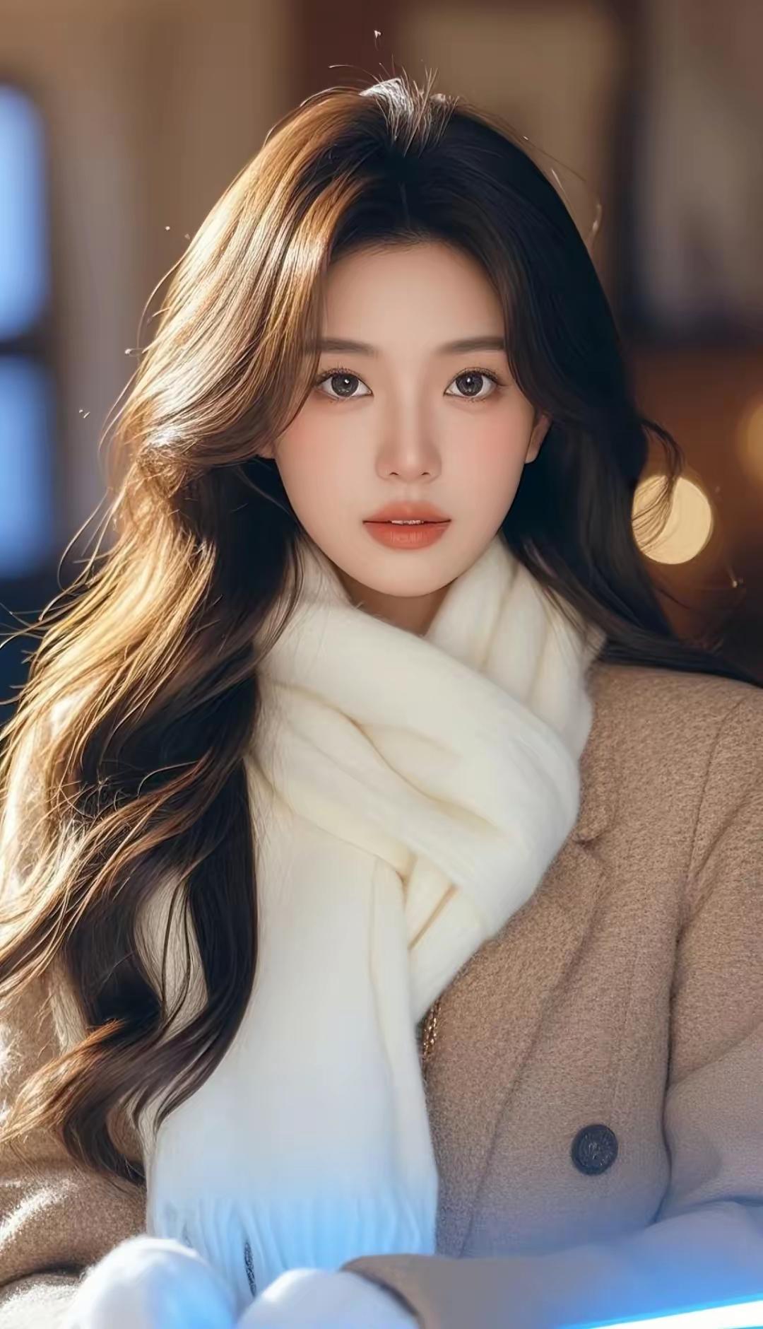 冬日暖阳下的温柔少女，白色围巾与米色外套相得益彰，散发着温暖与柔美的气息。