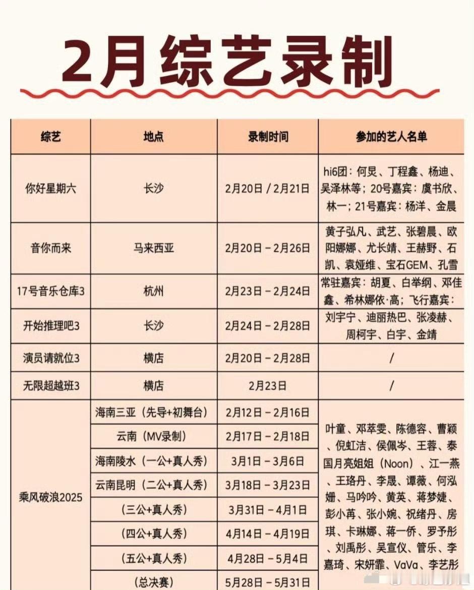 2月综艺录制汇总： 