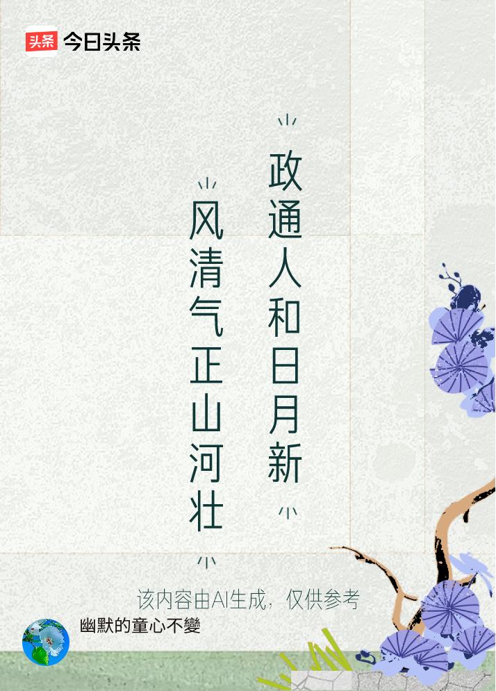 解析：上句“风清气正”描绘清明的社会风气，“山河壮”展现山河的壮丽气象；下句“政