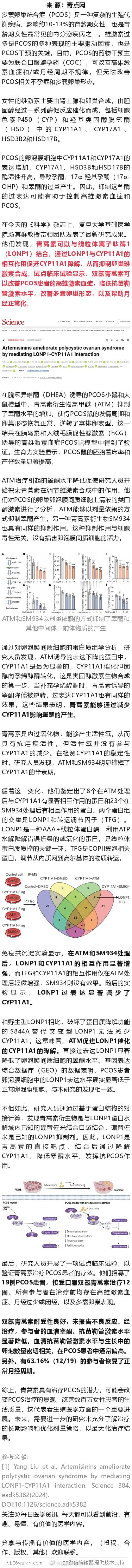 《科学》：中国科学家立大功！复旦团队发现青蒿素衍生物可抑制卵巢雄激素合成，或造福