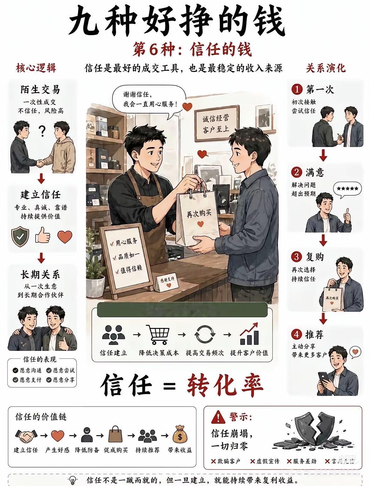 全世界最好挣的钱，其实就是信任的钱
 
有句话说得特别扎心：
短期生意靠套路，长