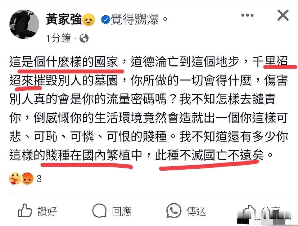 黄家驹墓碑被砸，黄家强这番话却很过激，等于把哥哥的墓碑又砸了一遍。

第一，犯事