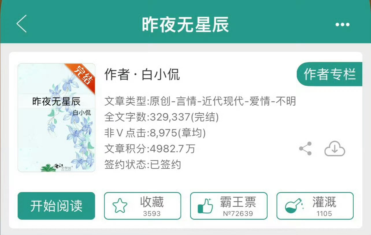 小说推荐：《昨夜无星辰》 作者:白小侃简评：聪慧漂亮女主vs隐忍卧底男主，因缘邂