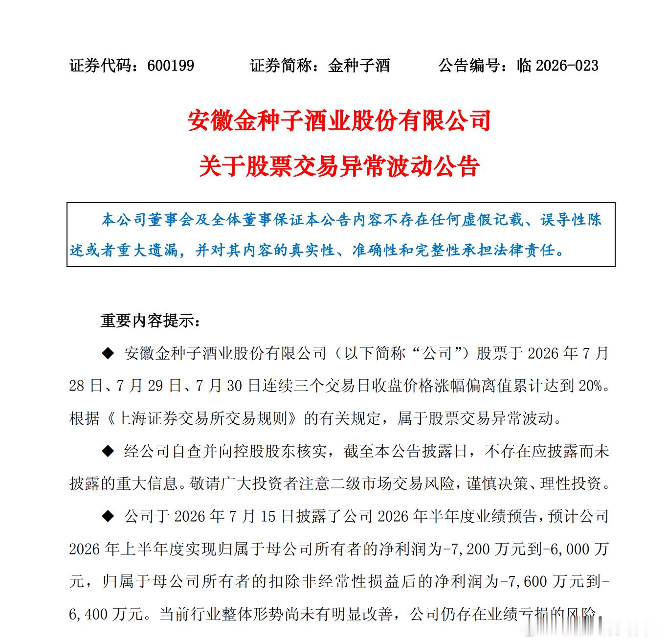 【金种子酒：当前行业整体形势尚未有明显改善，公司仍存在业绩亏损的风险】金种子酒7