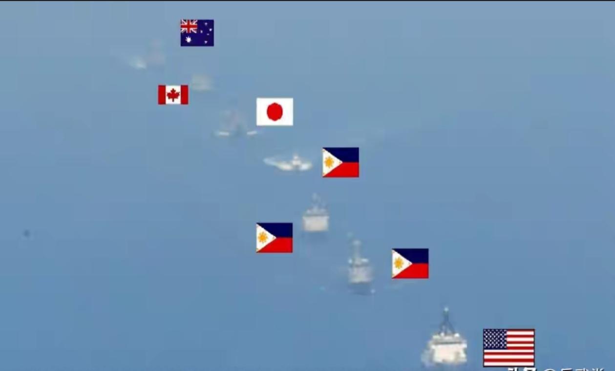 美日菲纠集域外国家正在南海进行的“肩并肩-2026”演练，7国凑数10艘舰艇，主