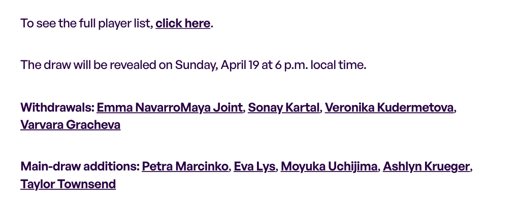 马德里1000赛 女单正赛抽签北京时间：4月20日0点⏰ 