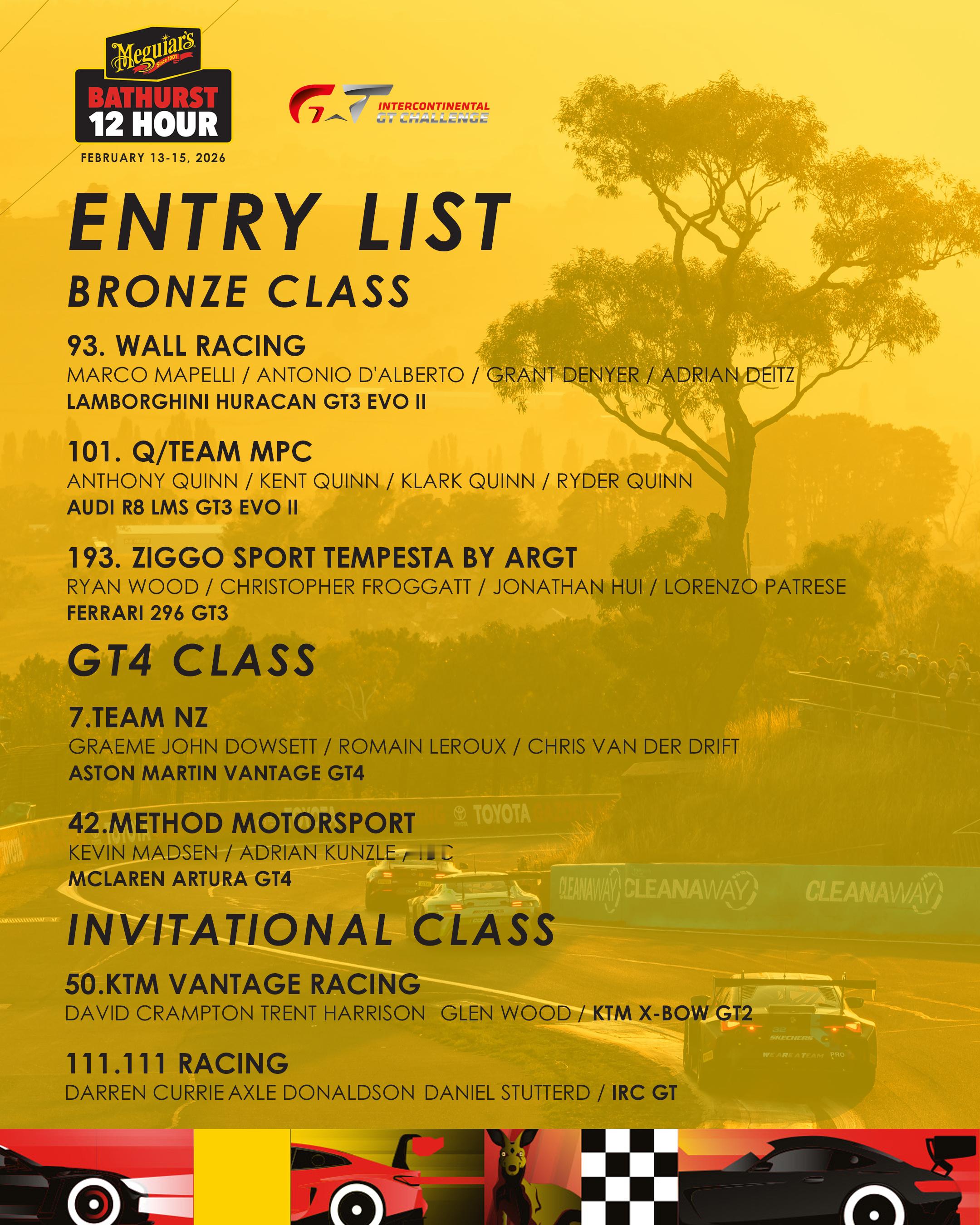 2026赛季IGTC洲际GT挑战赛揭幕战巴瑟斯特12小时耐力赛完整参赛名单公布~