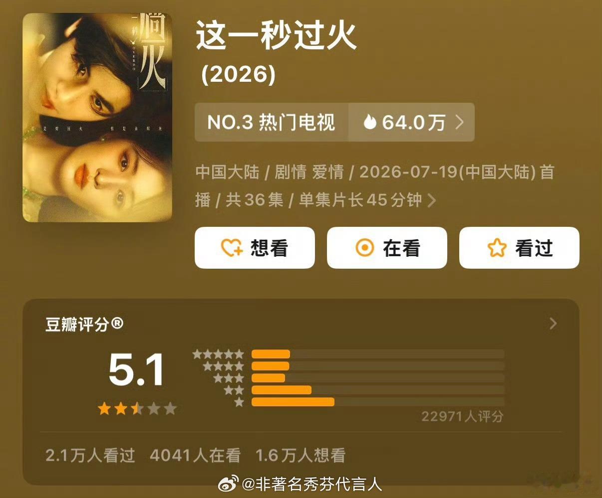 2026暑期档热播剧豆瓣开分，你看了哪一部？🥝独播的评分都还蛮高的《这一秒过火