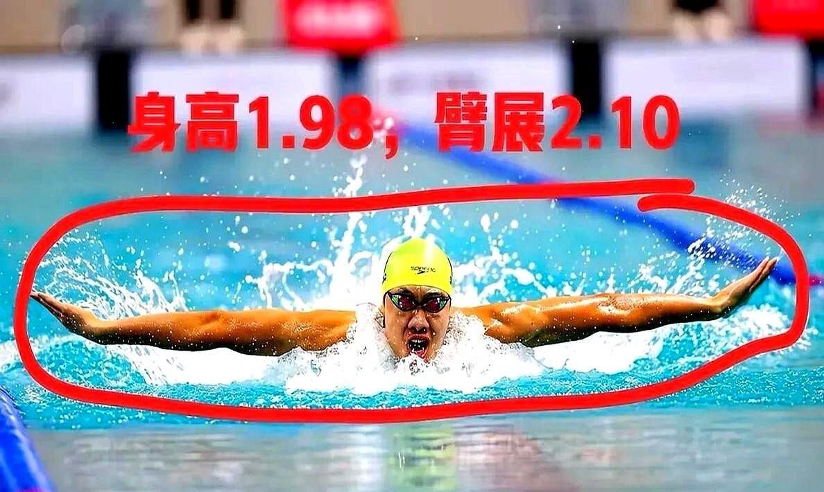 韩国那个1米98的游泳小伙，臂展2米19，比同身高的张展硕多出9厘米。这数字一出