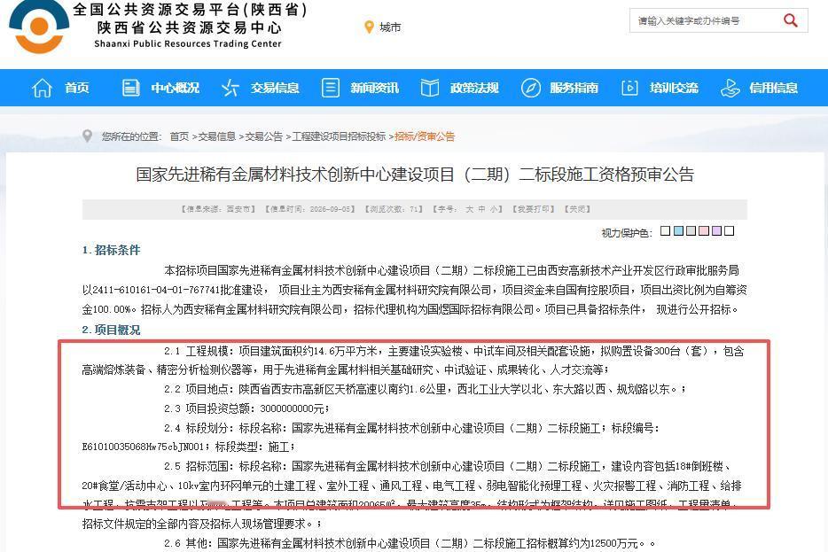总投资30亿元！西安高新区的国家先进稀有金属材料技术创新中心项目迎新进展。。。